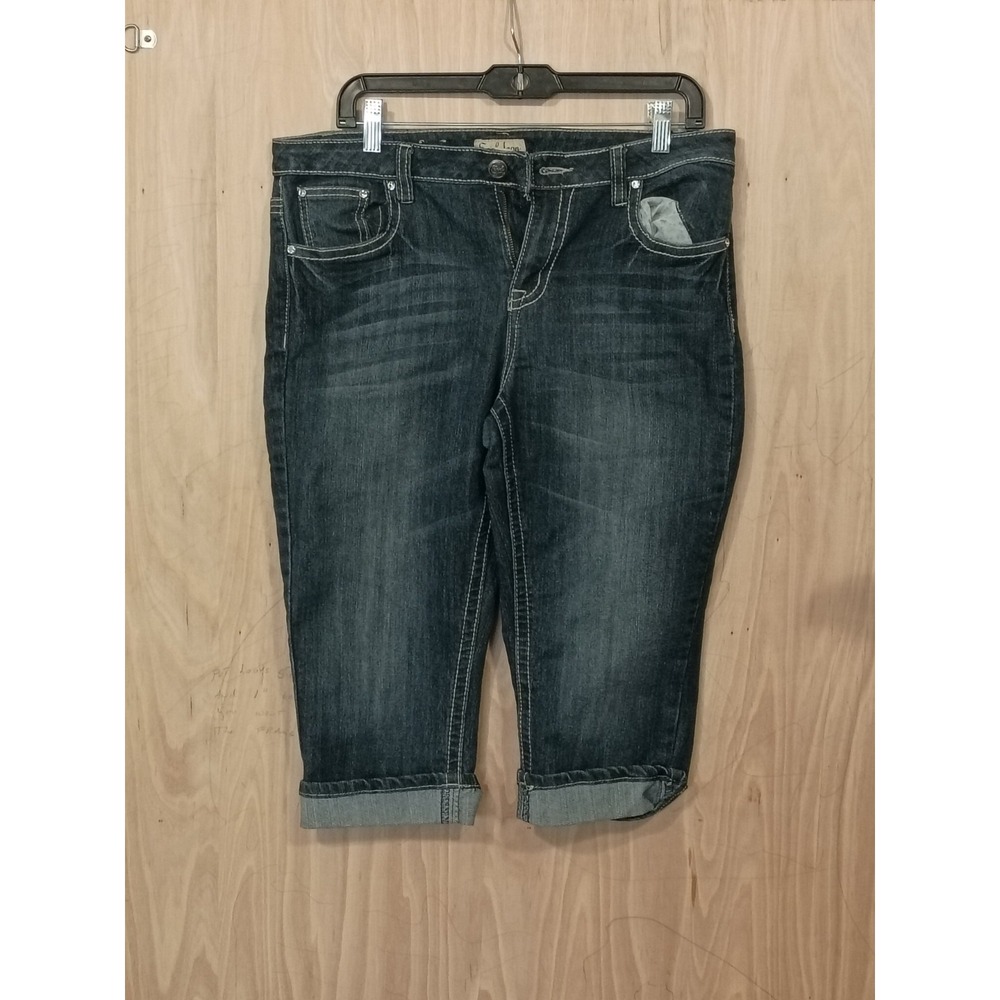 Earl Jean Womens Y2K Capri Blue Denim Med Wash Cross Embroidered Cuffed 12